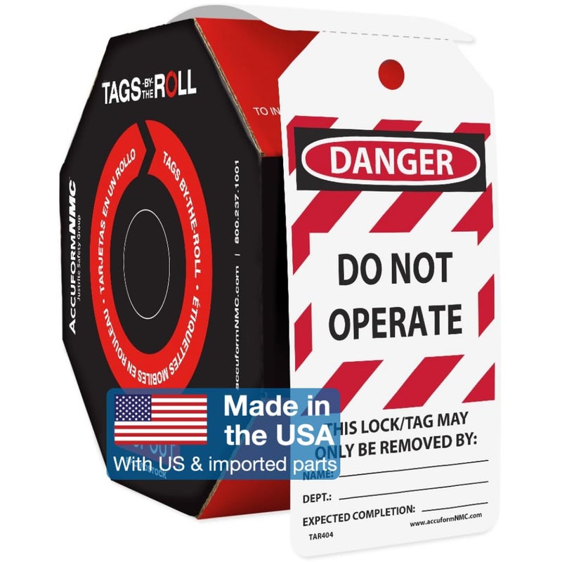 AccuformNMC 100 Lockout Tags by-The-Roll, Danger Do Not Operate, US Made OSHA Compliant Tags, Waterproof PF-Cardstock, Resists Tears, 6.25"x3", TAR404 - Image 1